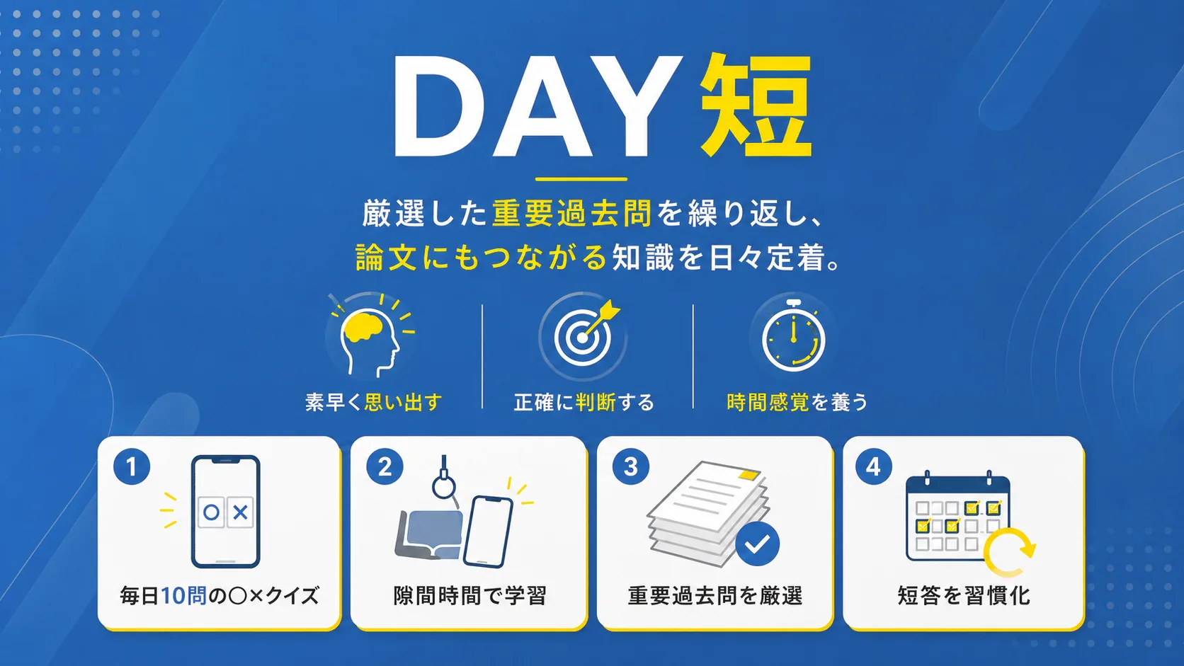 DAY短 — 厳選した重要過去問を繰り返し、論文にもつながる知識を日々定着。3つの力と4つの特徴。