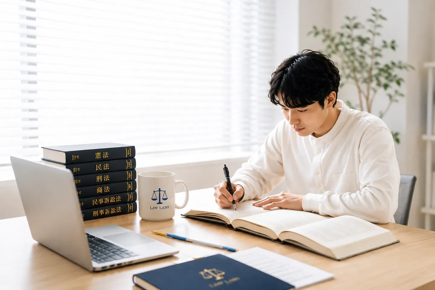LAW LABO の基本書とマグカップを机に置いて学習する受講生